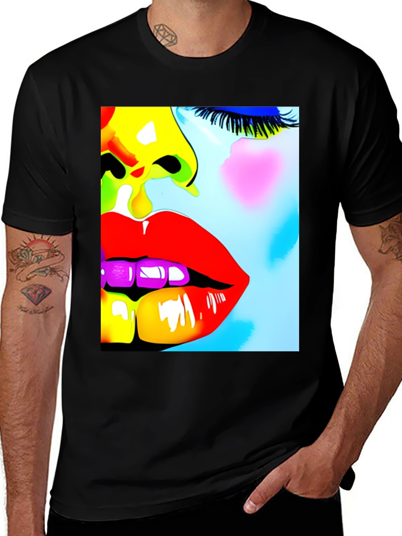 Variant 28 of Vibrant Pop Art Face Graphic Tee - Unisex Black T-Shirt