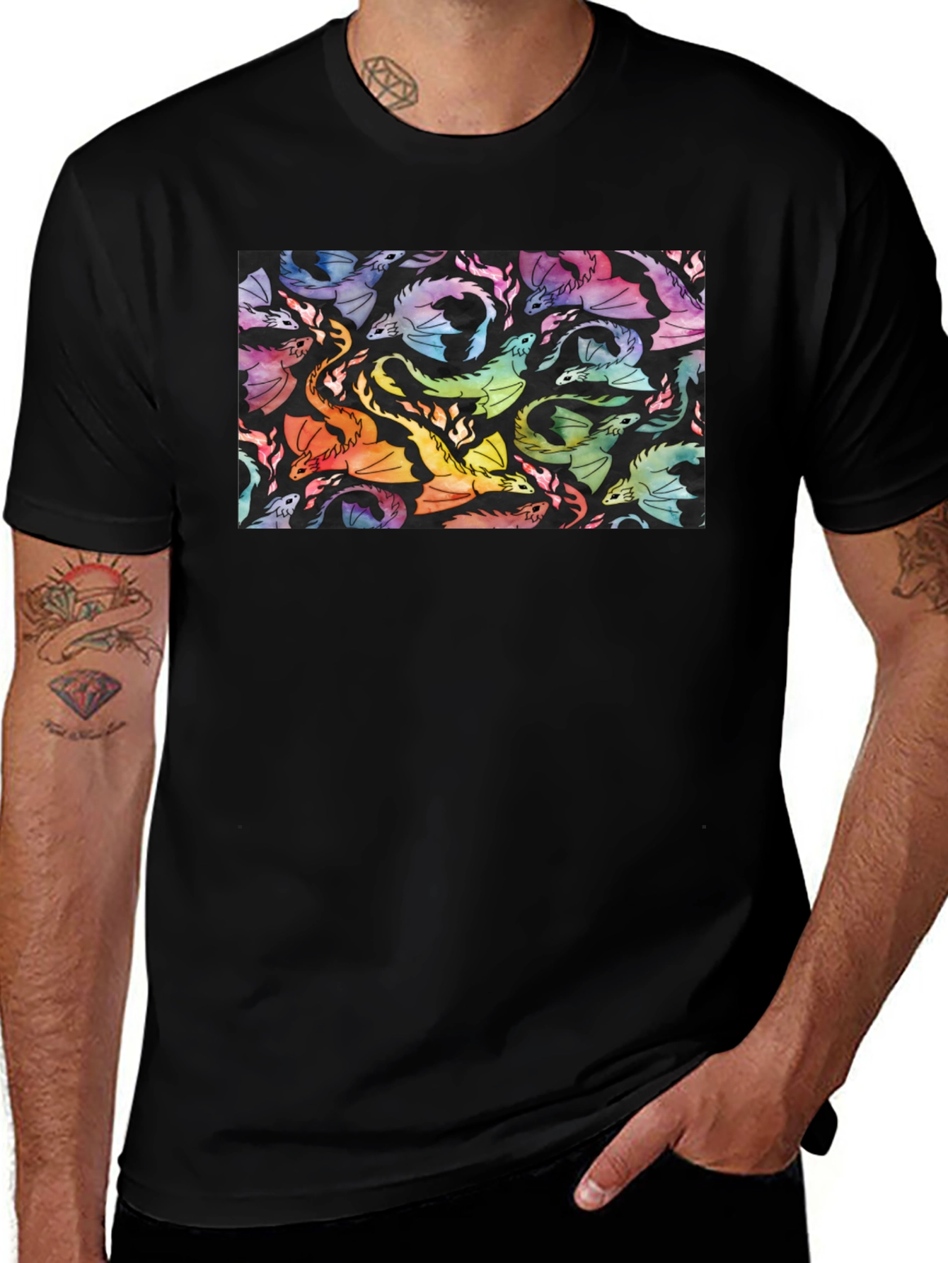 Variant 19 of Colorful Dragons on Black Tee