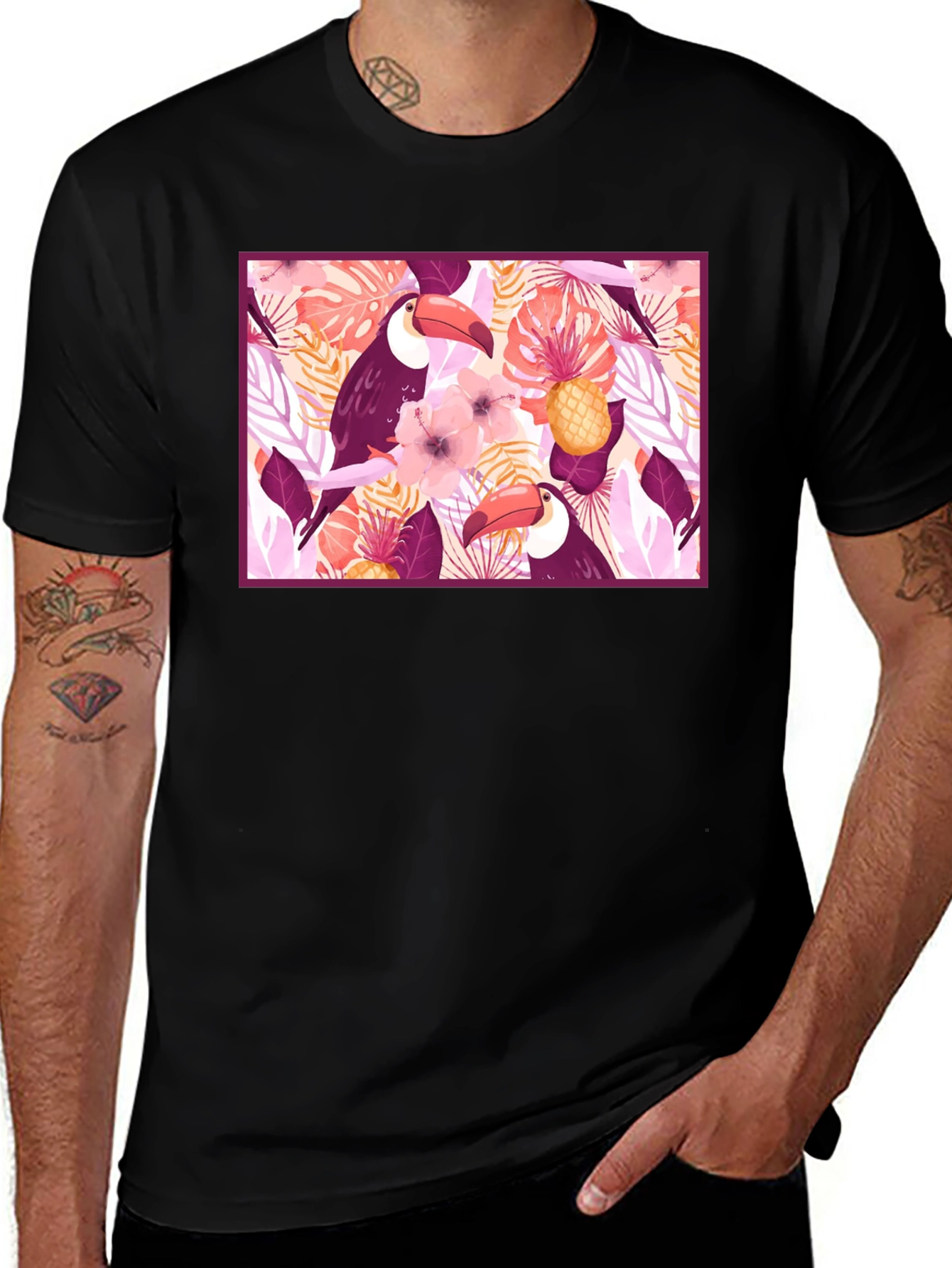 Tropical Toucan Print Black T-Shirt