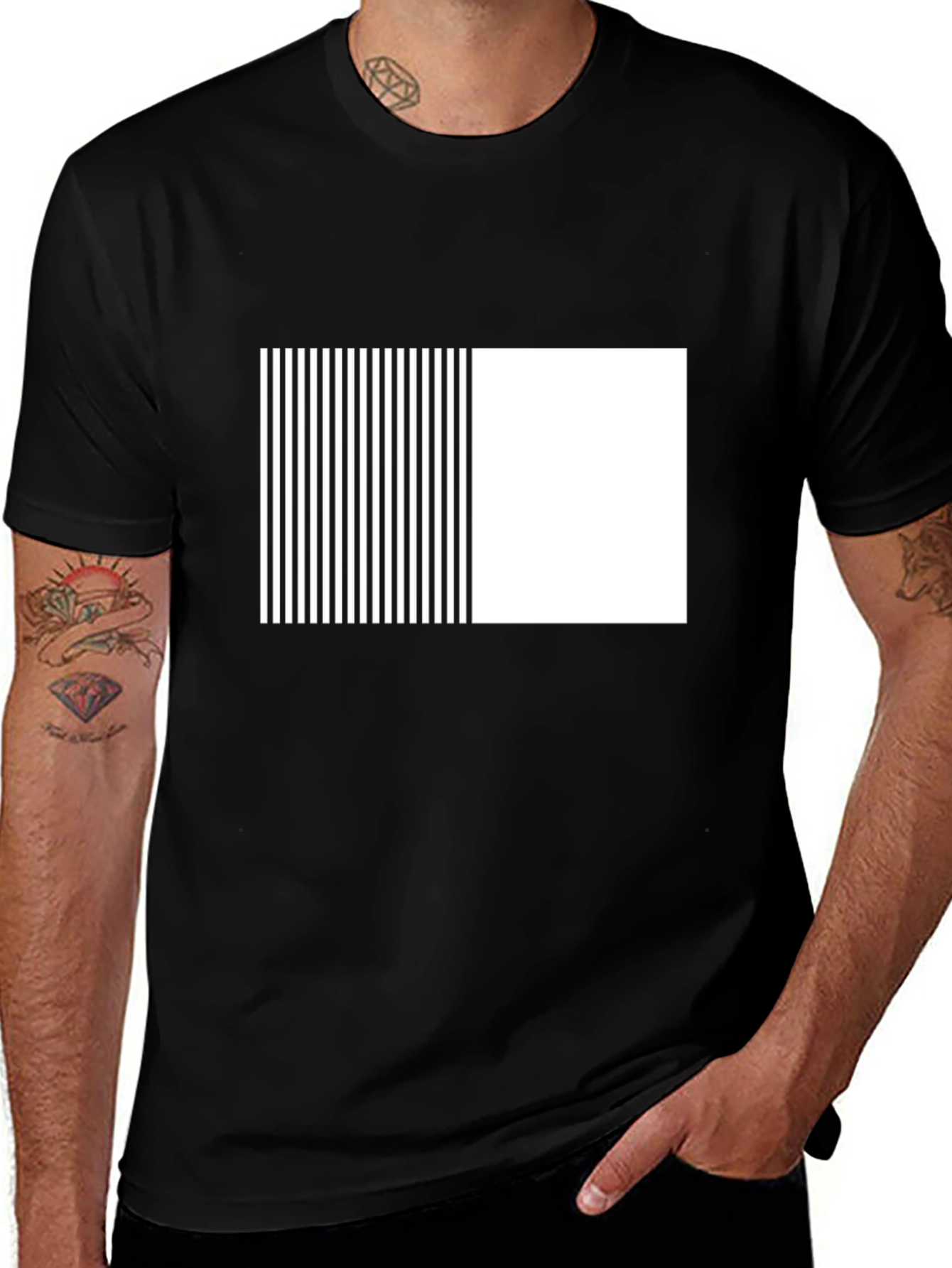 Black Modern Black Tee with Geometric Stripe Block Design main image