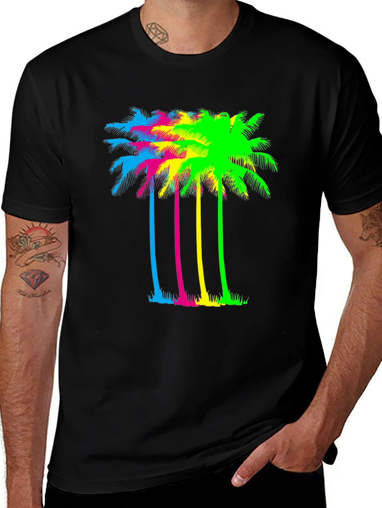 Variant 27 of Vibrant Palm Tree Graphic Tee - Black Cotton Blend