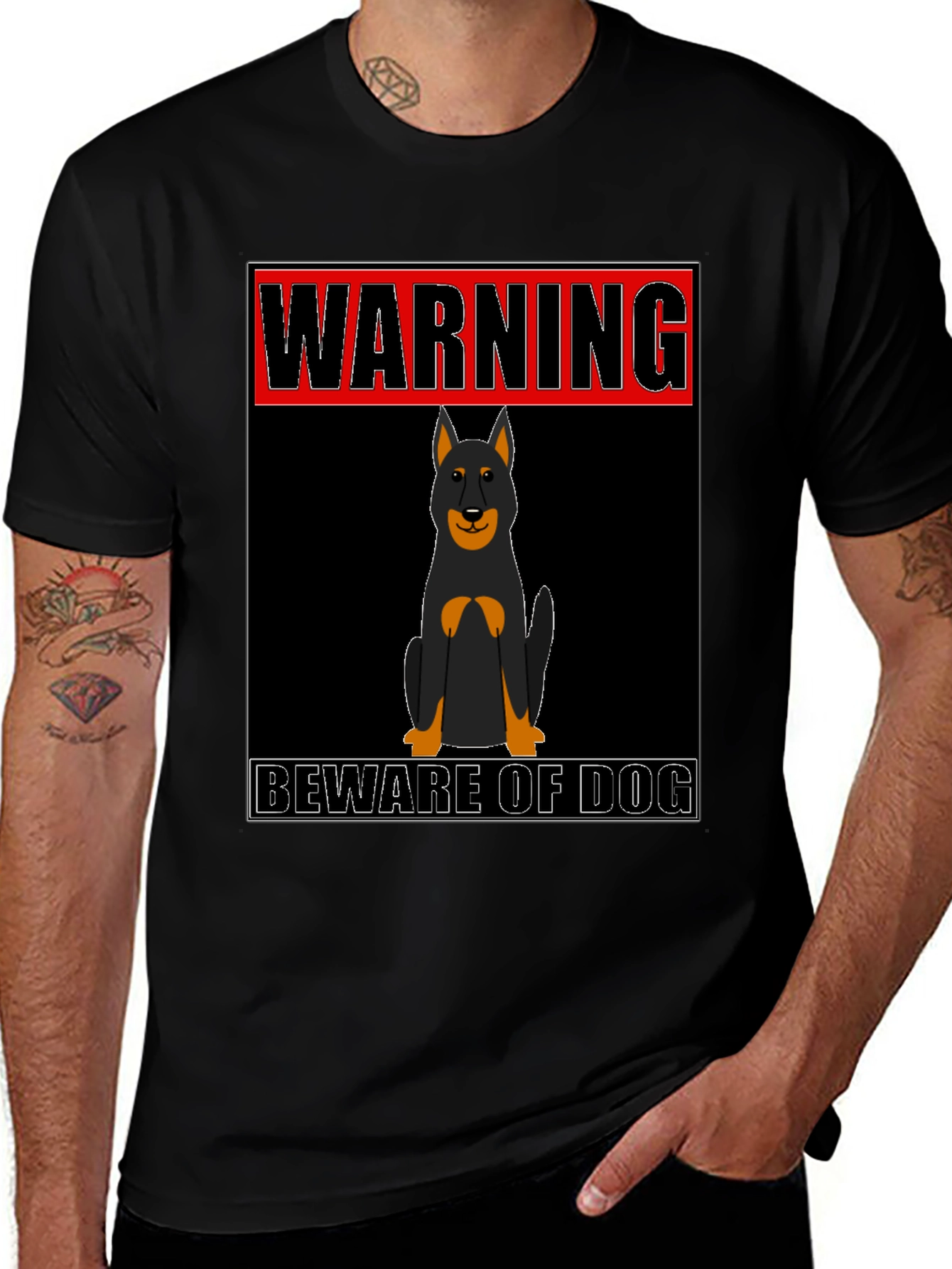 Variant 15 of Warning Beware Of Dog T-Shirt - Black Cotton Tee