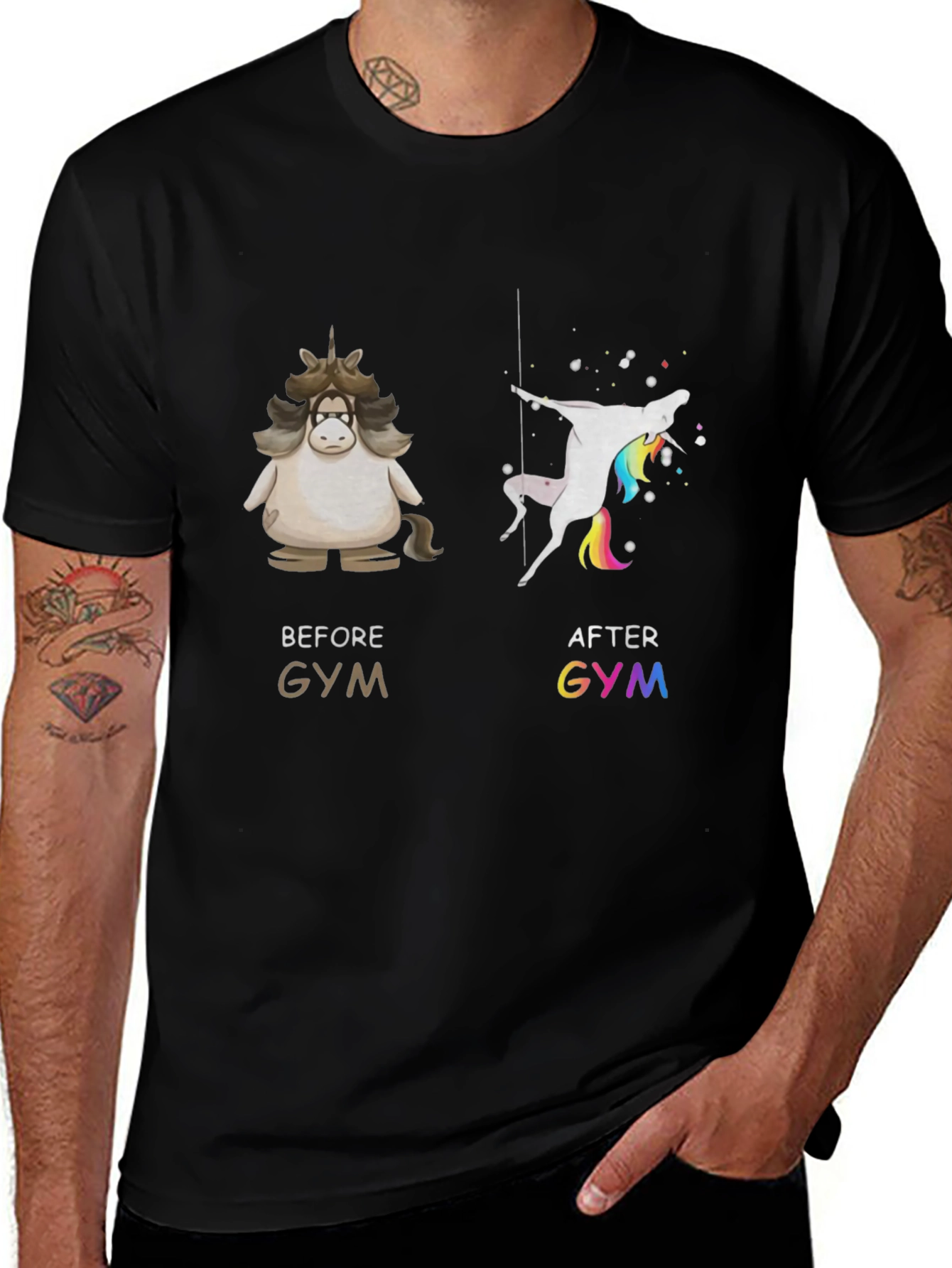 Variant 30 of Unicorn Gym T-Shirt: Before and After Workout