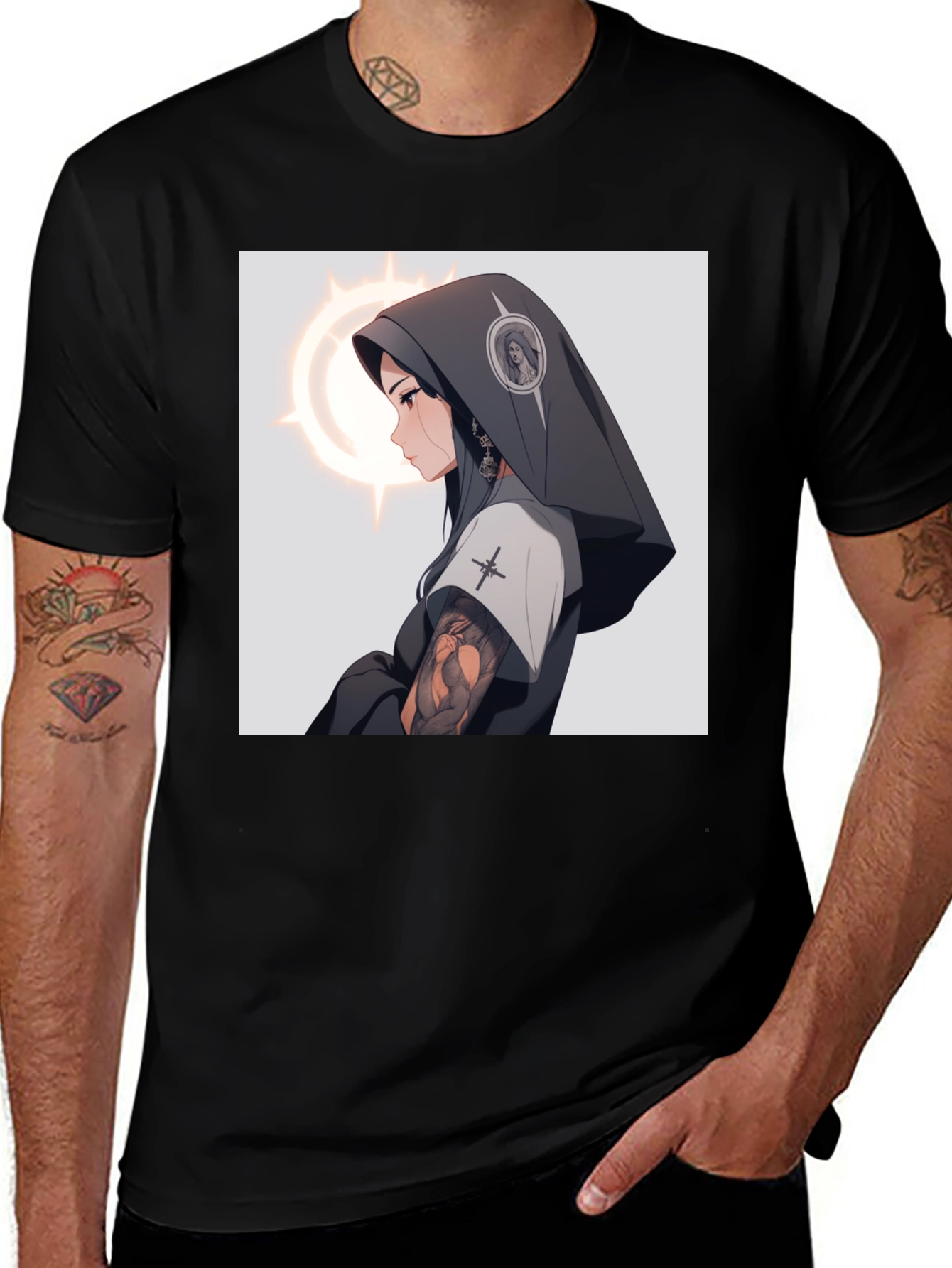 Anime Nun T-Shirt - Black Cotton Graphic Tee