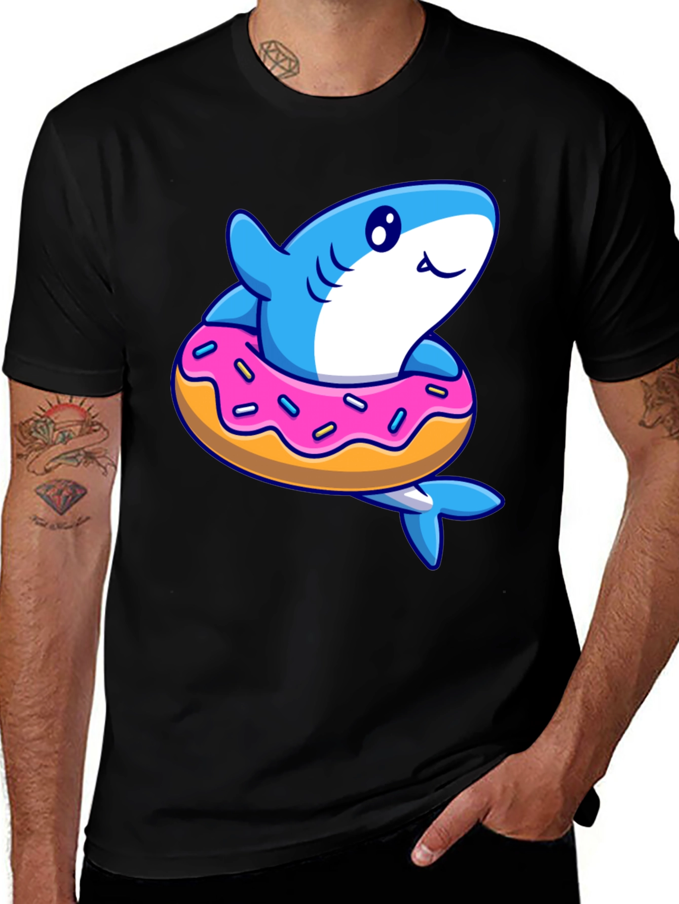 Black Shark Donut T-Shirt - Fun Cartoon Graphic Tee main image