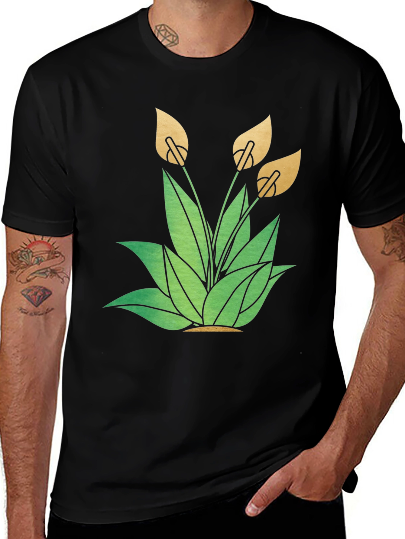 Variant 28 of Black T-Shirt with Floral Peace Lily Design