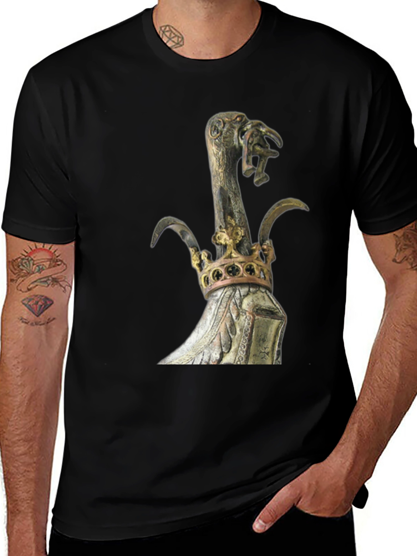 Variant 3 of Black T-Shirt with Ornate Crown and Bird Scepter Design