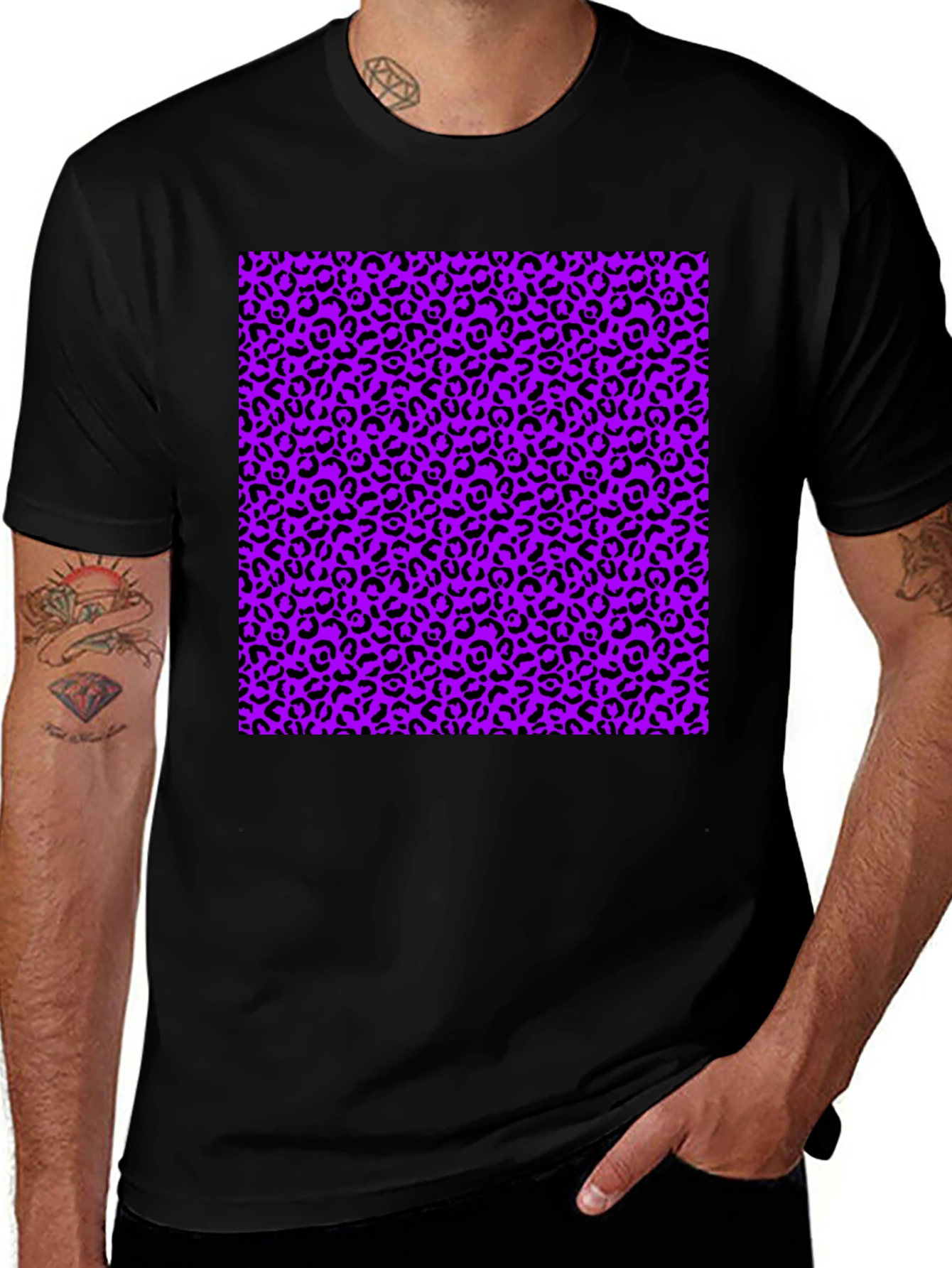 Variant 22 of Black Tee with Purple Leopard Print Design