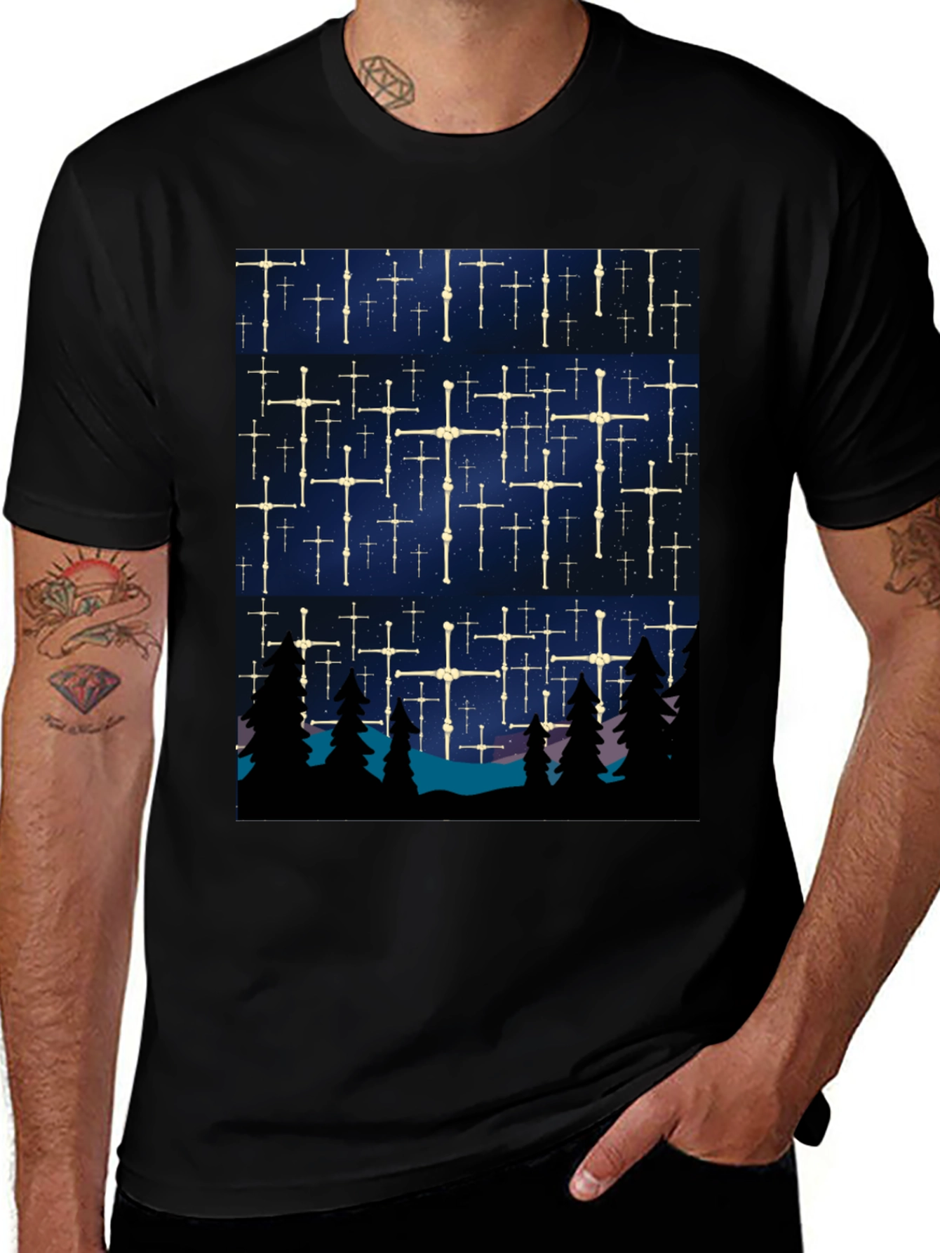 Variant 12 of Night Sky & Forest Print Black T-Shirt