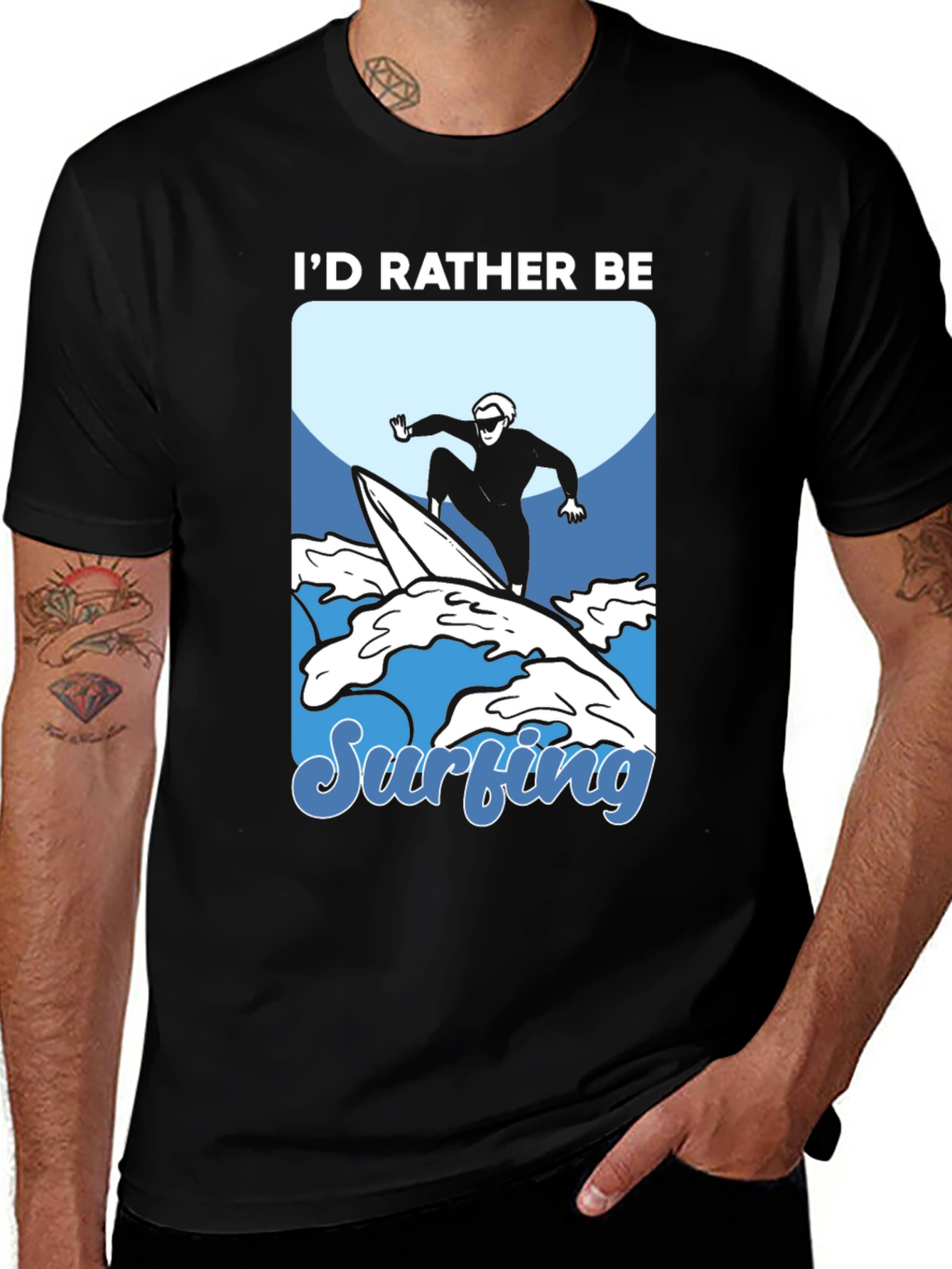 Variant 7 of I'd Rather Be Surfing Graphic Tee - Black Cotton T-Shirt