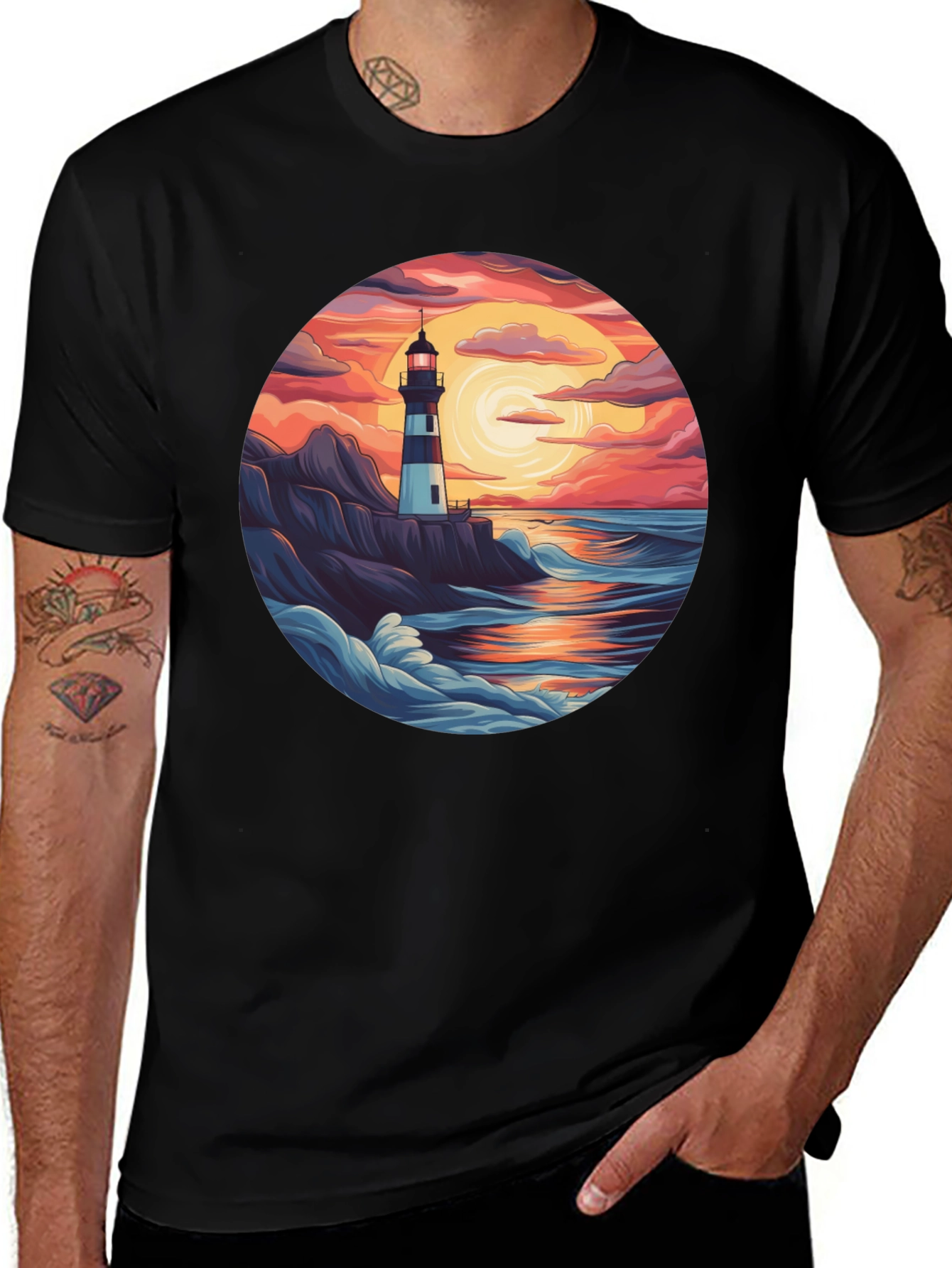 Variant 8 of Lighthouse Sunset Graphic Tee - Coastal Vibes