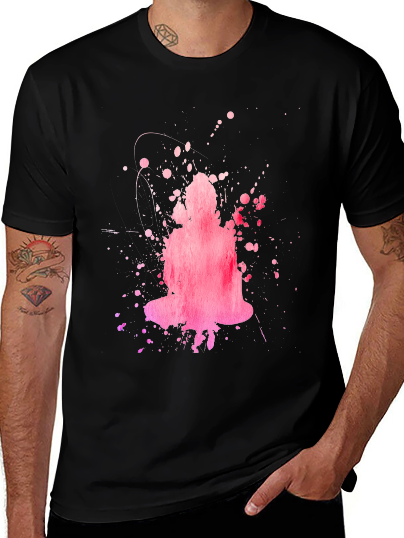 Abstract Pink Buddha Graphic Black T-Shirt