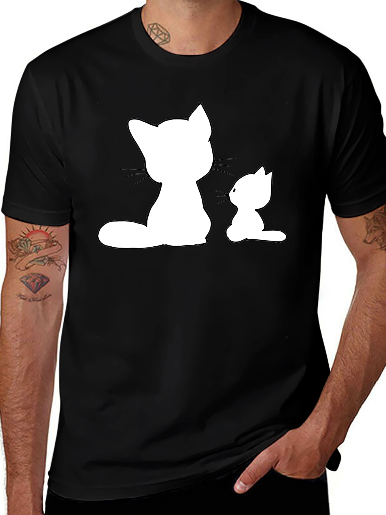 Variant 4 of Cute Cat Silhouette Graphic Tee - Black Cotton T-Shirt