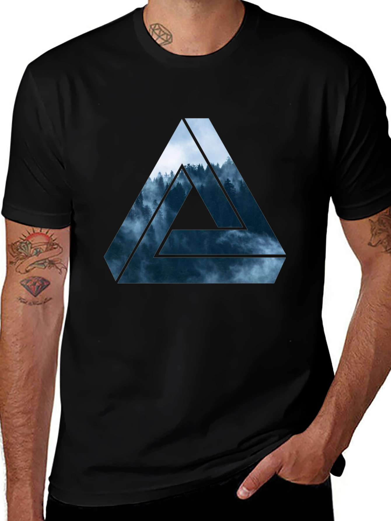 Variant 26 of Men's Black T-Shirt with Triangle Forest Design