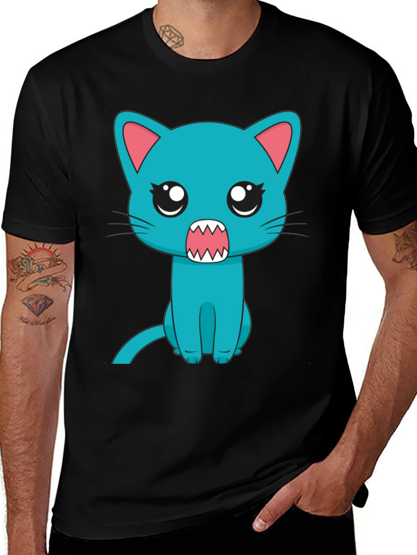 Variant 4 of Cute Cartoon Cat T-Shirt - Men's Black Tee