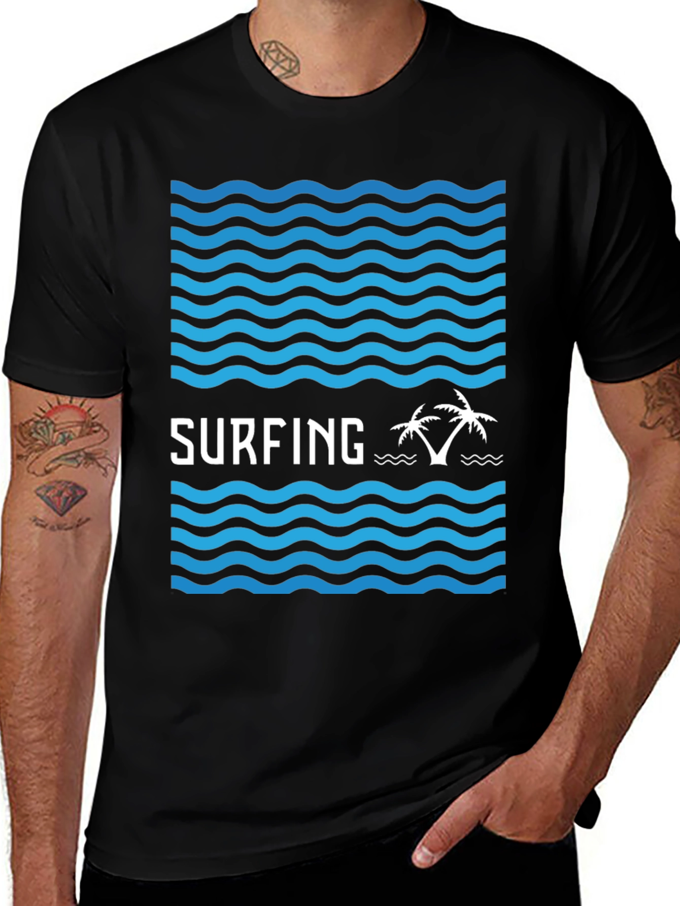 Variant 5 of Surfing Vibes Graphic Tee - Black Cotton Blend