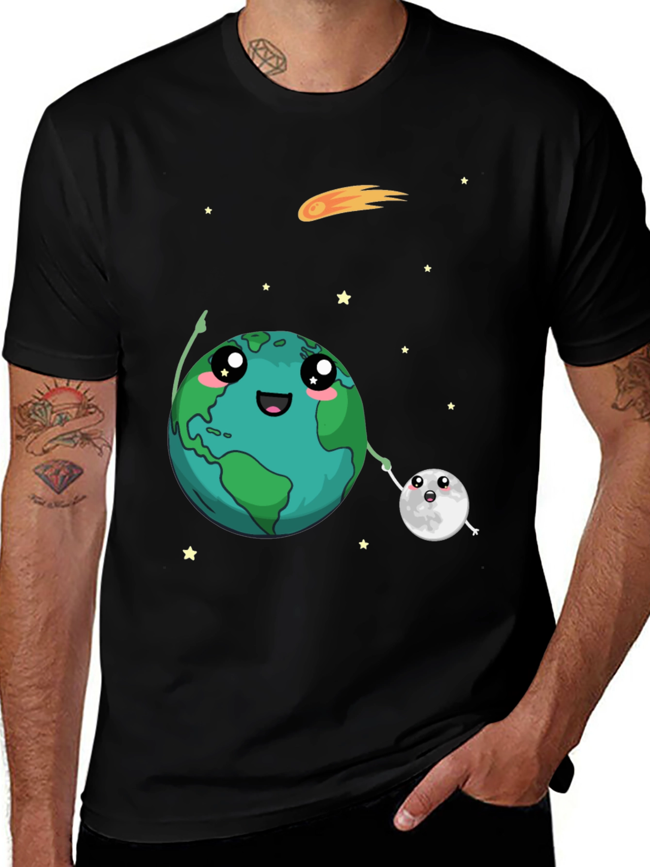 Variant 7 of Cute Earth & Moon Graphic Tee - Black Cotton T-Shirt