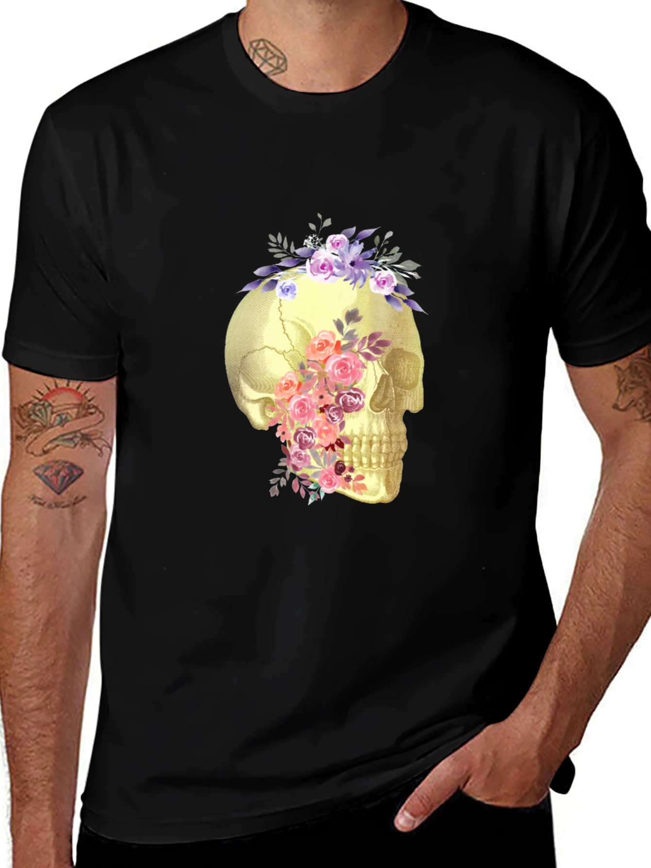 Variant 27 of Floral Skull Graphic Tee - Unisex Black T-Shirt