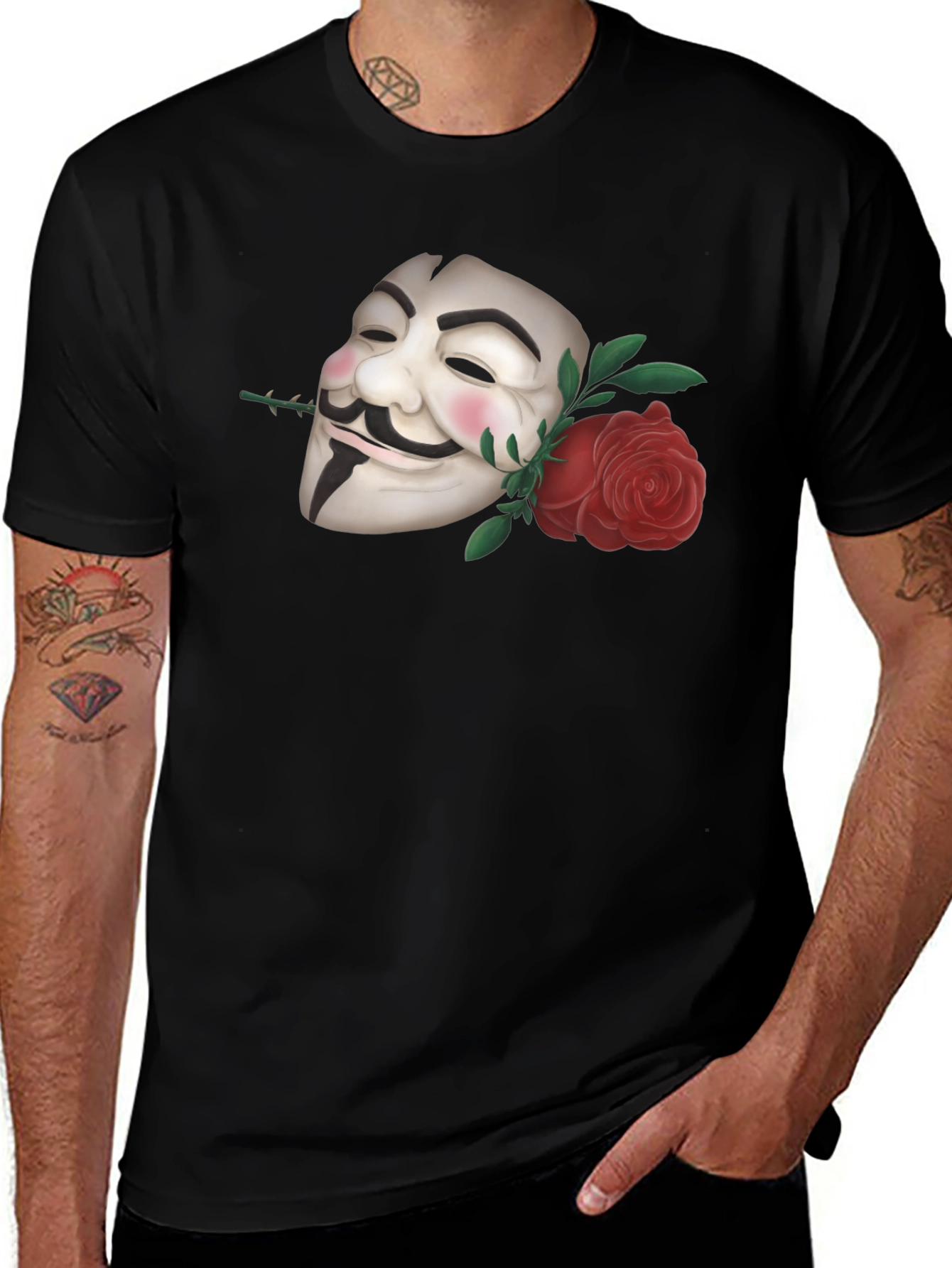 Variant 27 of Anonymous Mask Rose Black Graphic Tee