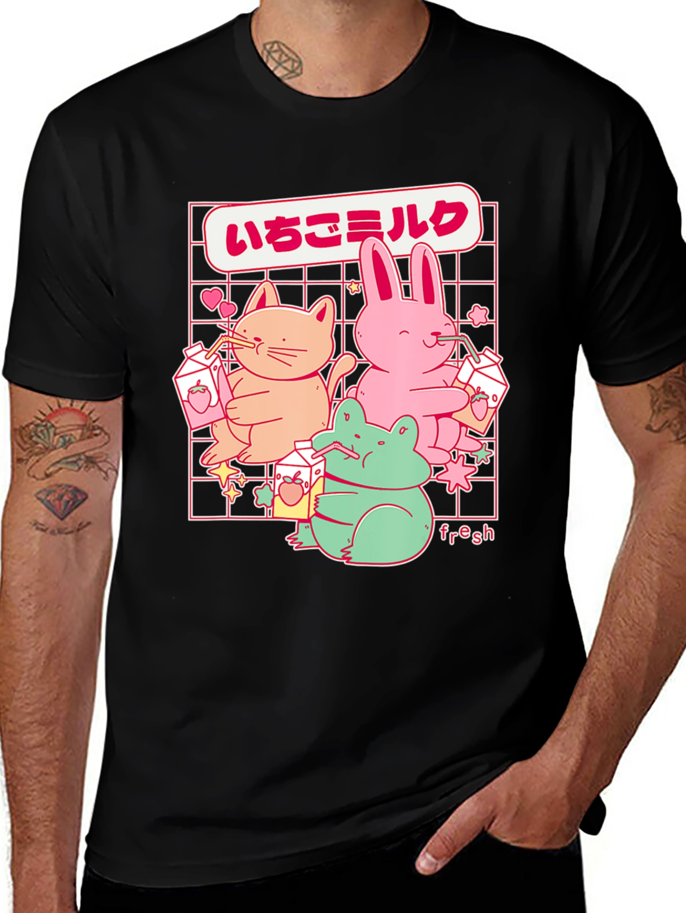Variant 14 of Kawaii Anime T-Shirt - Cat, Rabbit, Frog, Strawberry Milk