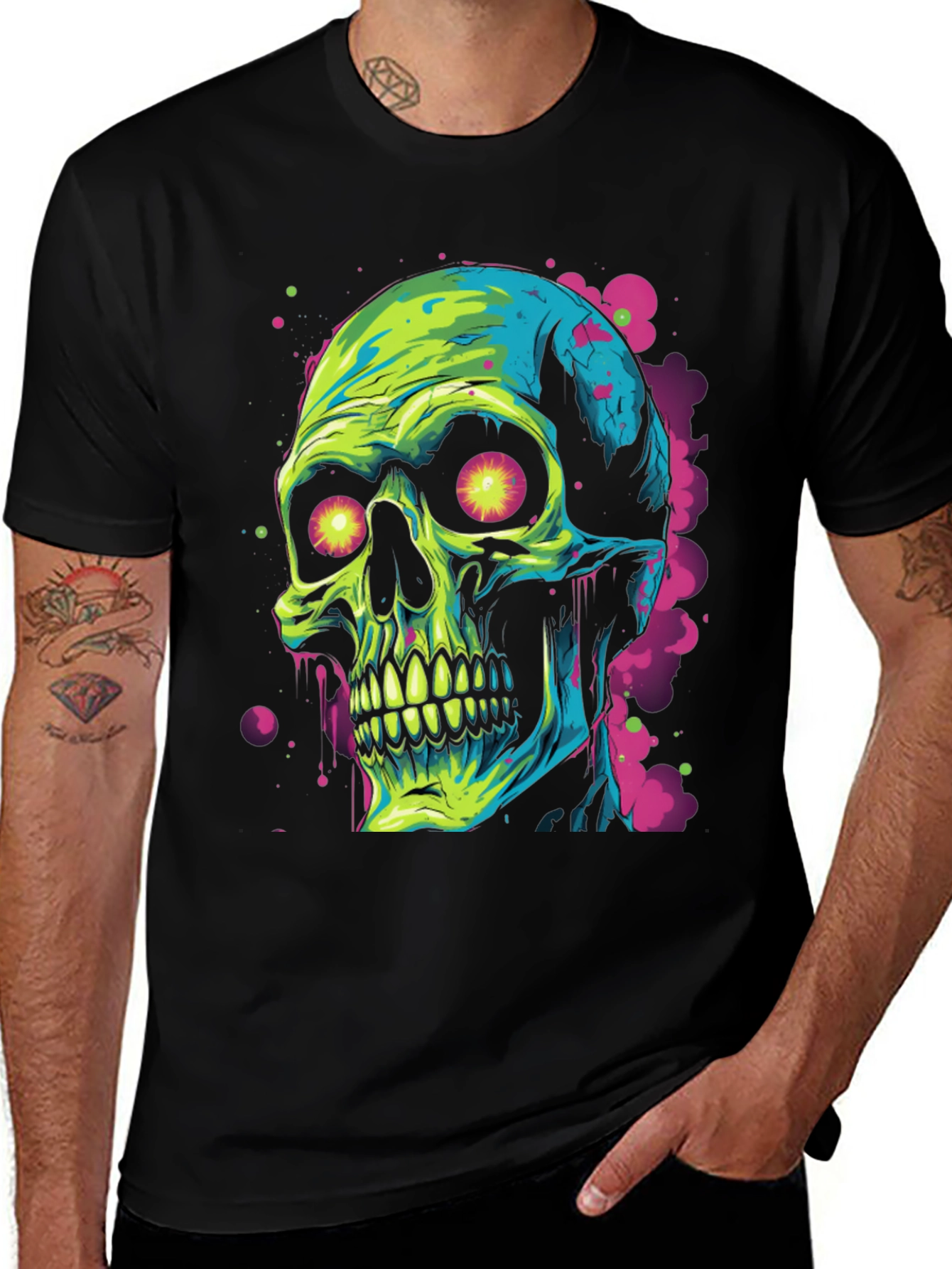 Variant 19 of Neon Skull Graphic Print Black T-Shirt