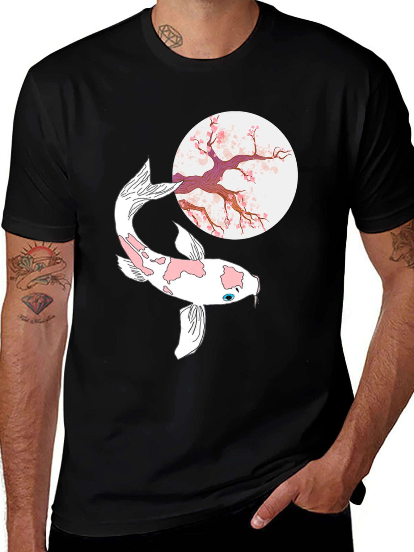 Variant 6 of Koi Fish & Moon Graphic Black T-Shirt