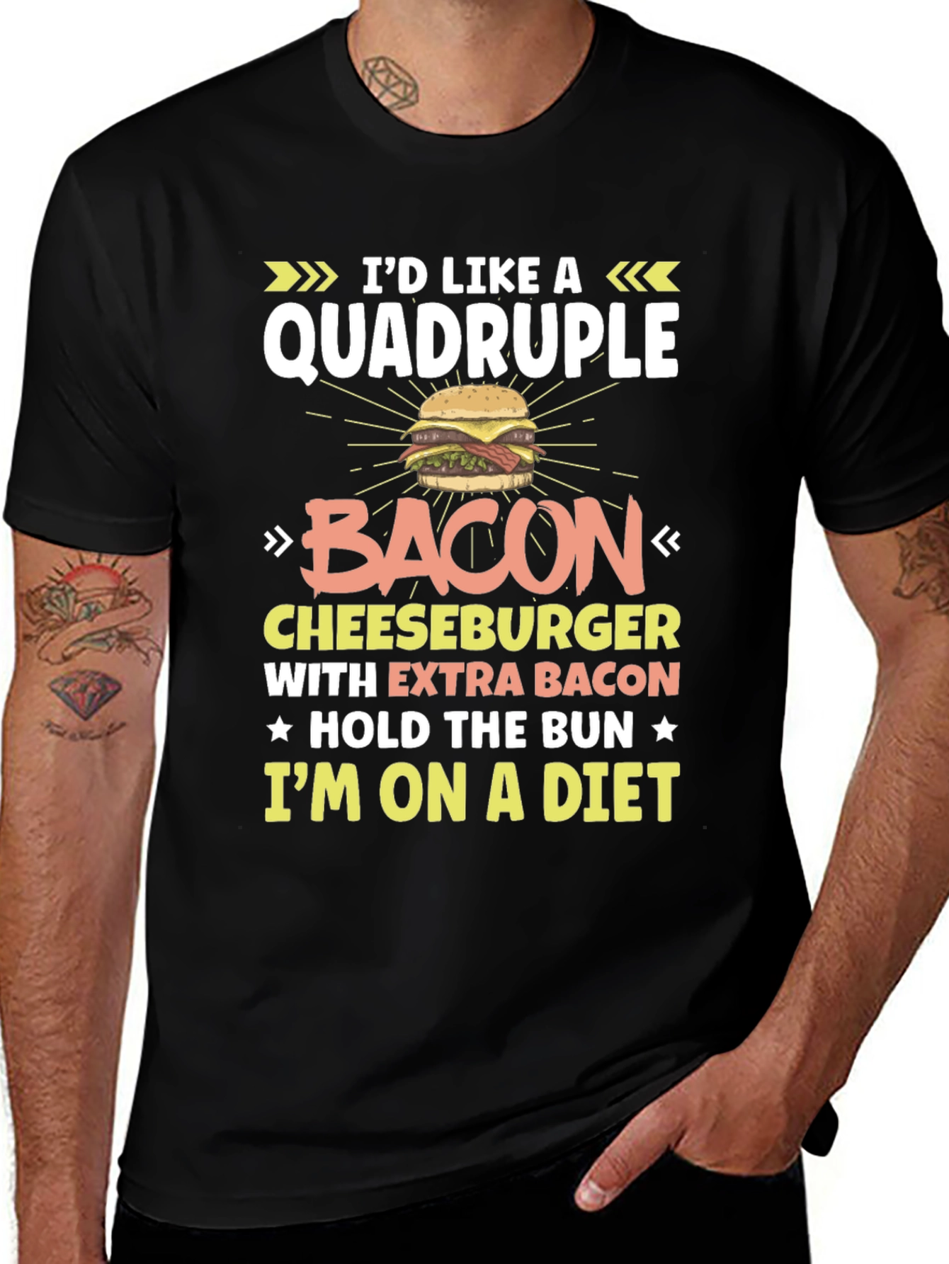 Variant 26 of Humorous Quadruple Bacon Cheeseburger Diet T-Shirt