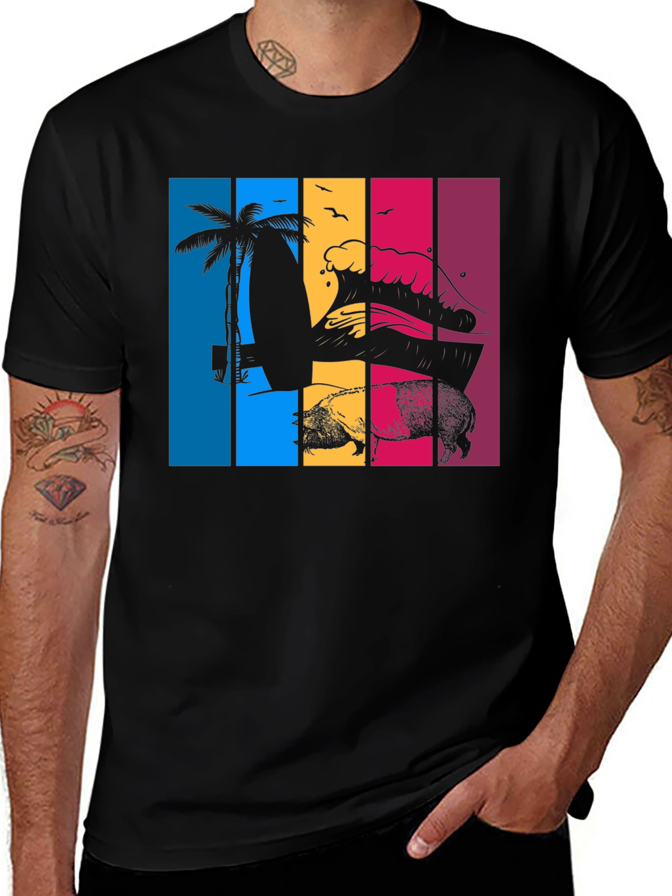 Variant 22 of Retro Surfboard & Palm Tree Graphic Tee