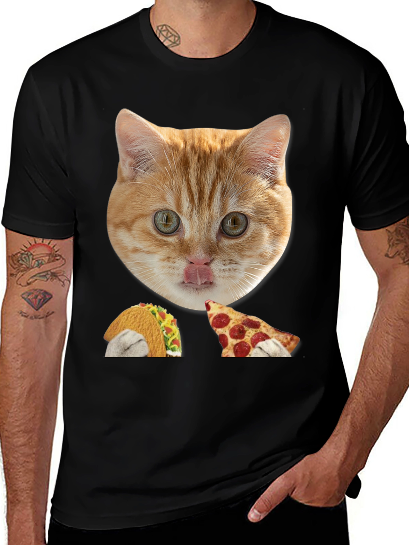 Variant 7 of Cat Taco Pizza Graphic Tee - Men's Black T-Shirt