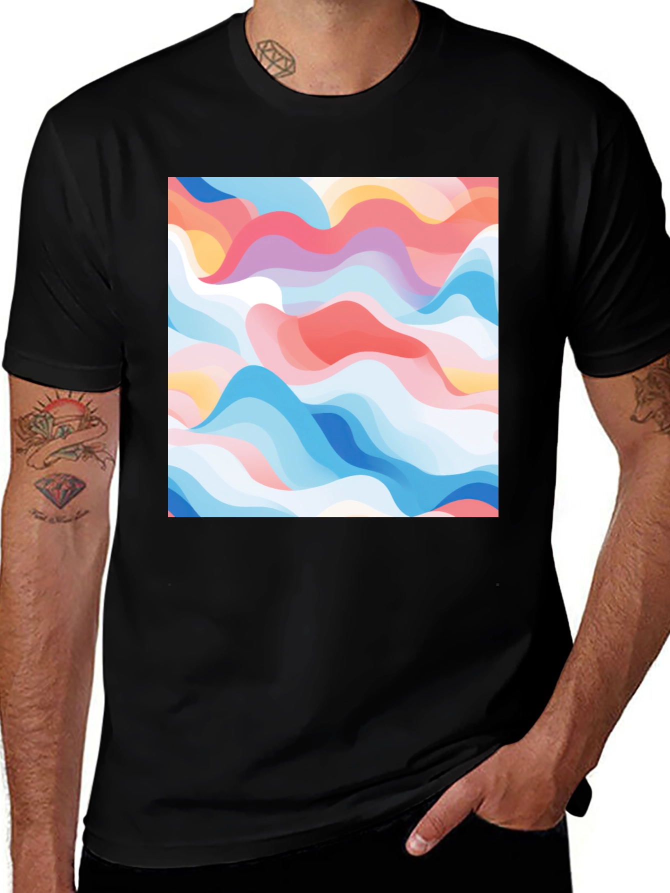 Variant 17 of Abstract Wave Print Black Tee - Modern Art Shirt