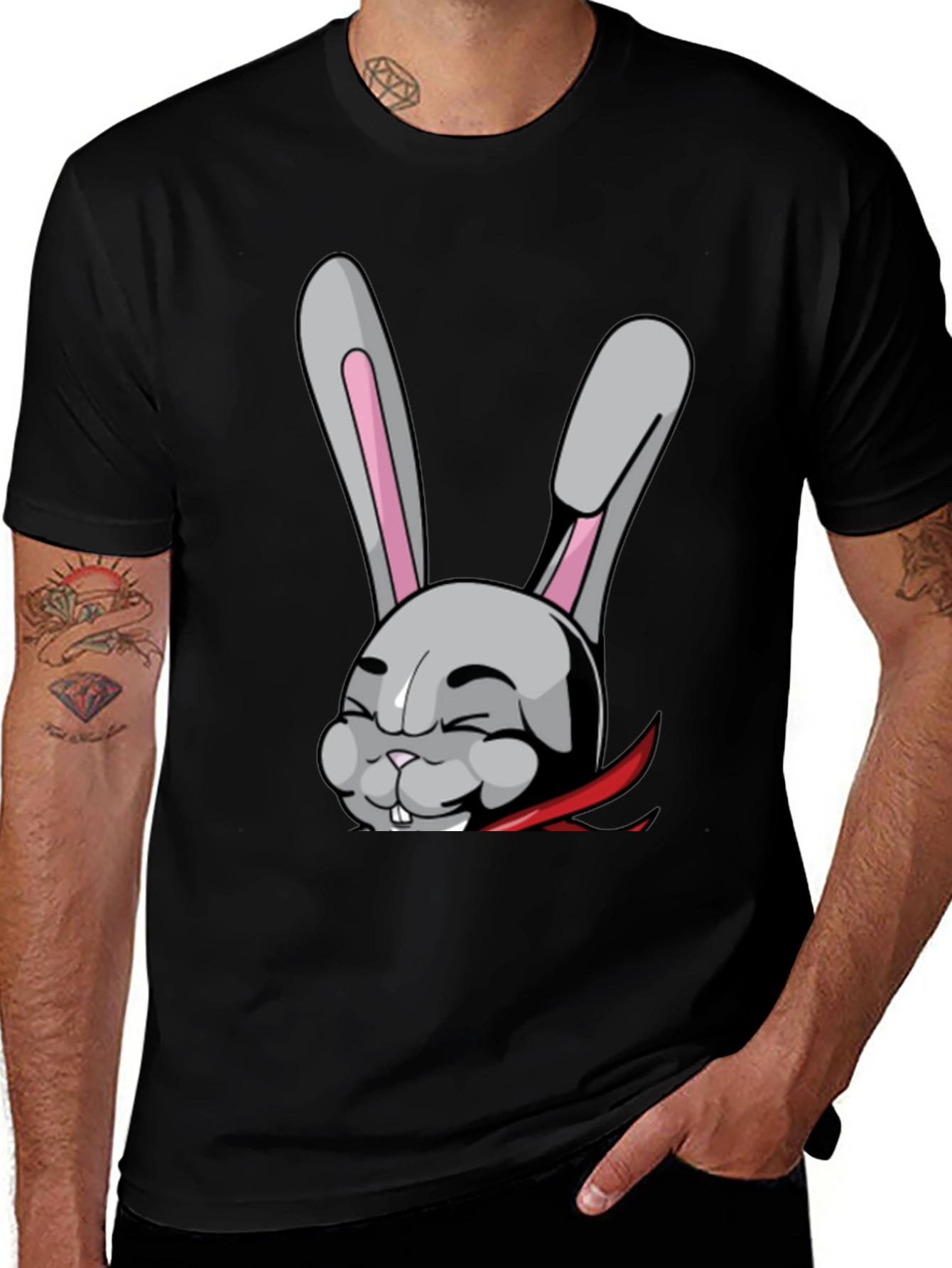 Black Black T-Shirt with Funny Cartoon Rabbit Design main image