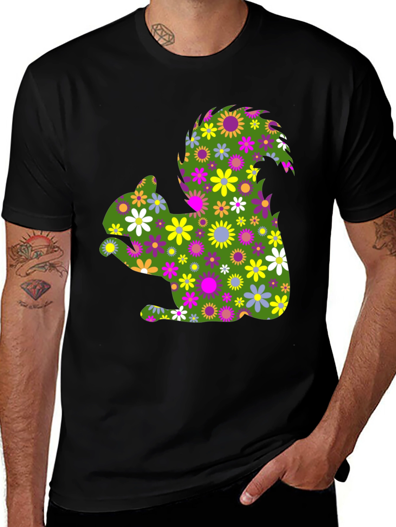 Variant 28 of Floral Squirrel Graphic T-Shirt - Men's Black Tee