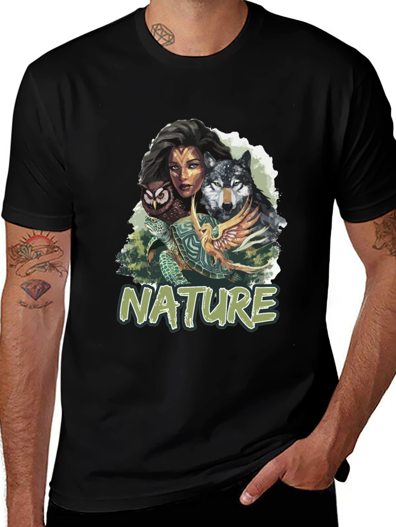Variant 5 of Nature Graphic Tee - Wolf, Owl, Turtle Design