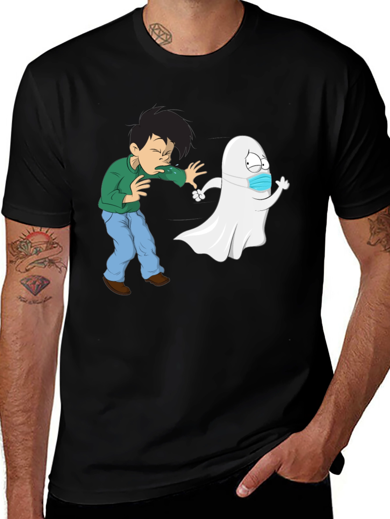 Variant 11 of Humorous Graphic Tee - Sneezy Kid & Masked Ghost