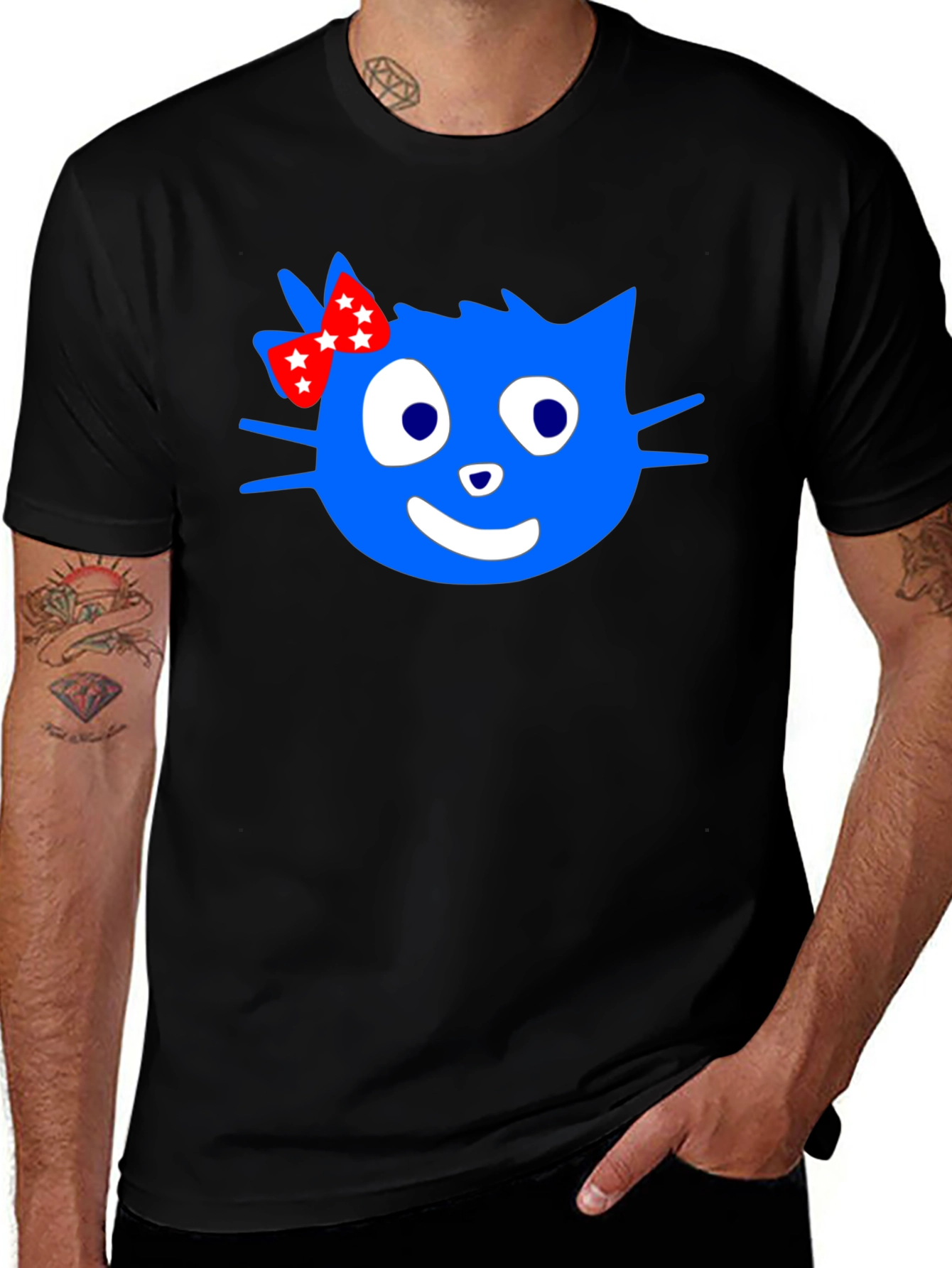 Variant 6 of Blue Cartoon Cat with Bow Graphic T-Shirt
