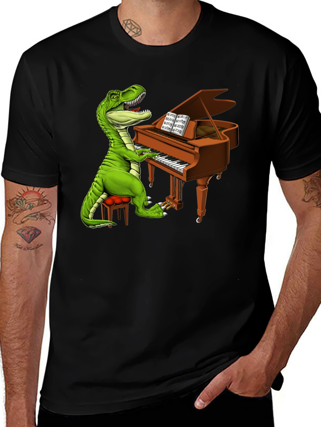 Variant 6 of Dino Pianist Graphic Tee - Black Cotton T-Shirt