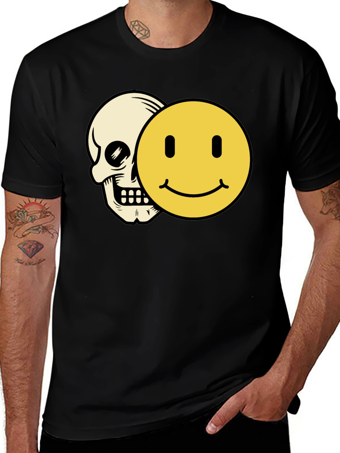Variant 11 of Skull Smiley Face Graphic Tee - Black Cotton T-Shirt