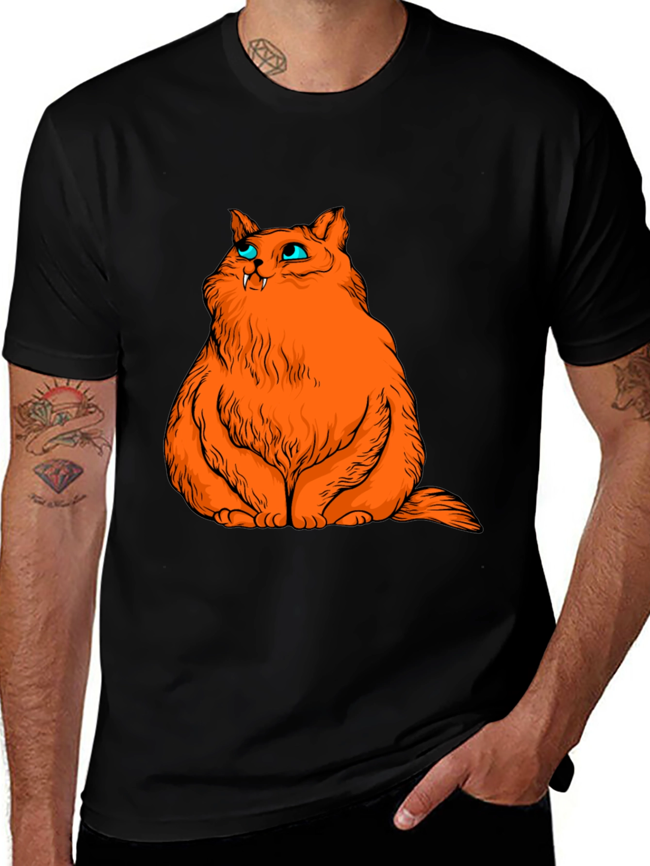 Black Orange Cat Graphic Tee - Black Cotton T-Shirt main image