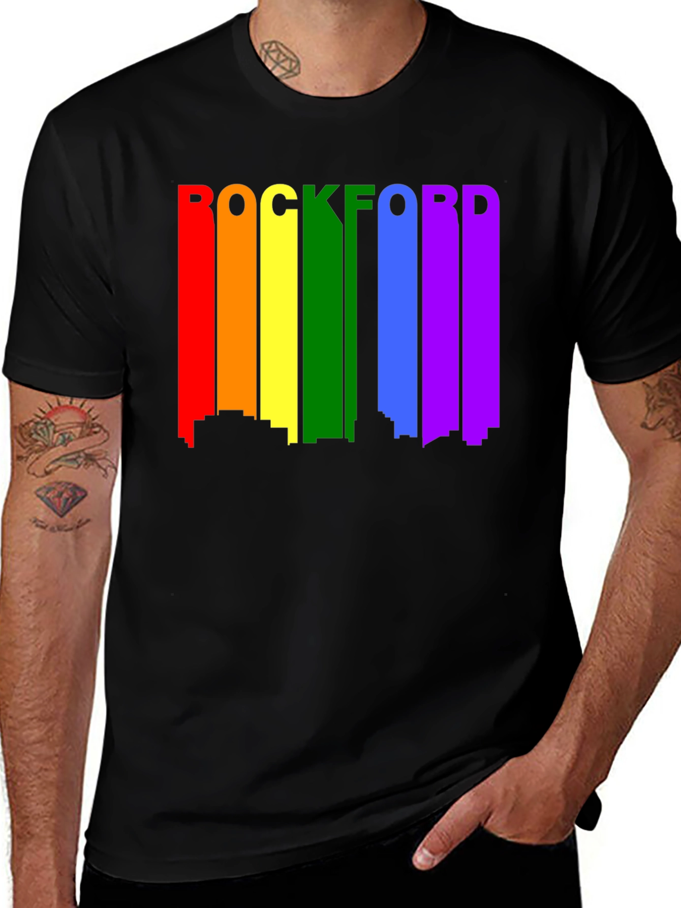 Rockford Pride T-Shirt - Cityscape Rainbow Design