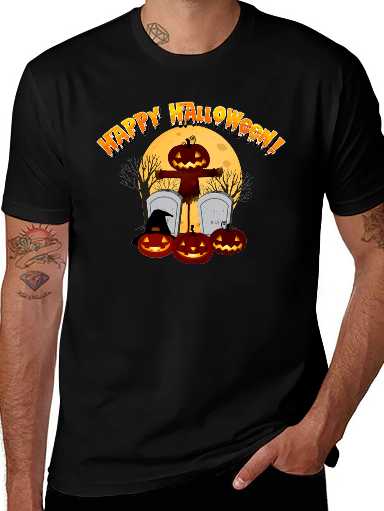 Happy Halloween Pumpkin Scarecrow Black T-Shirt