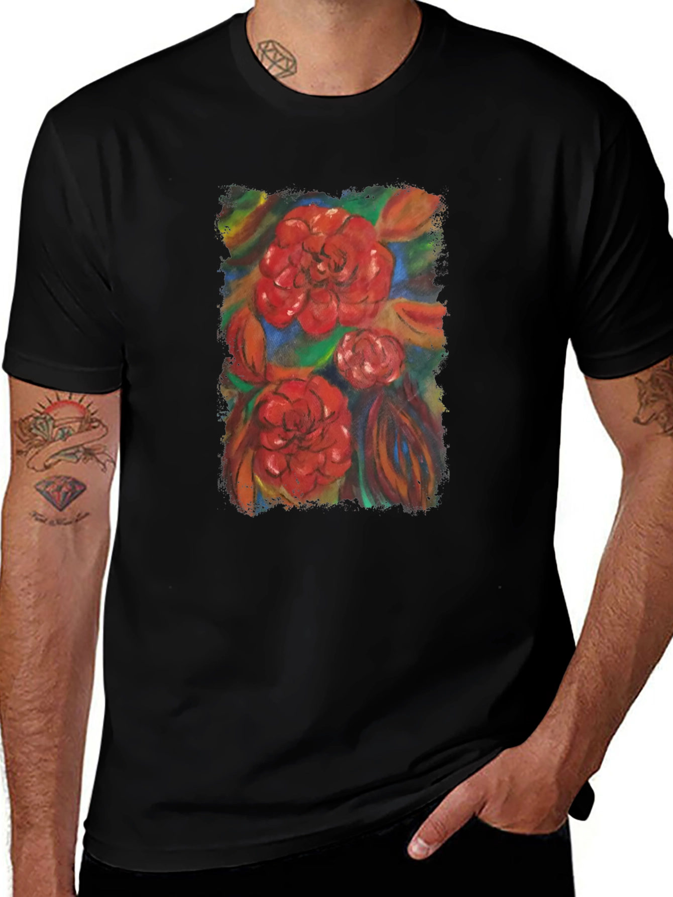 Variant 7 of Floral Print Black T-Shirt - Artistic Design