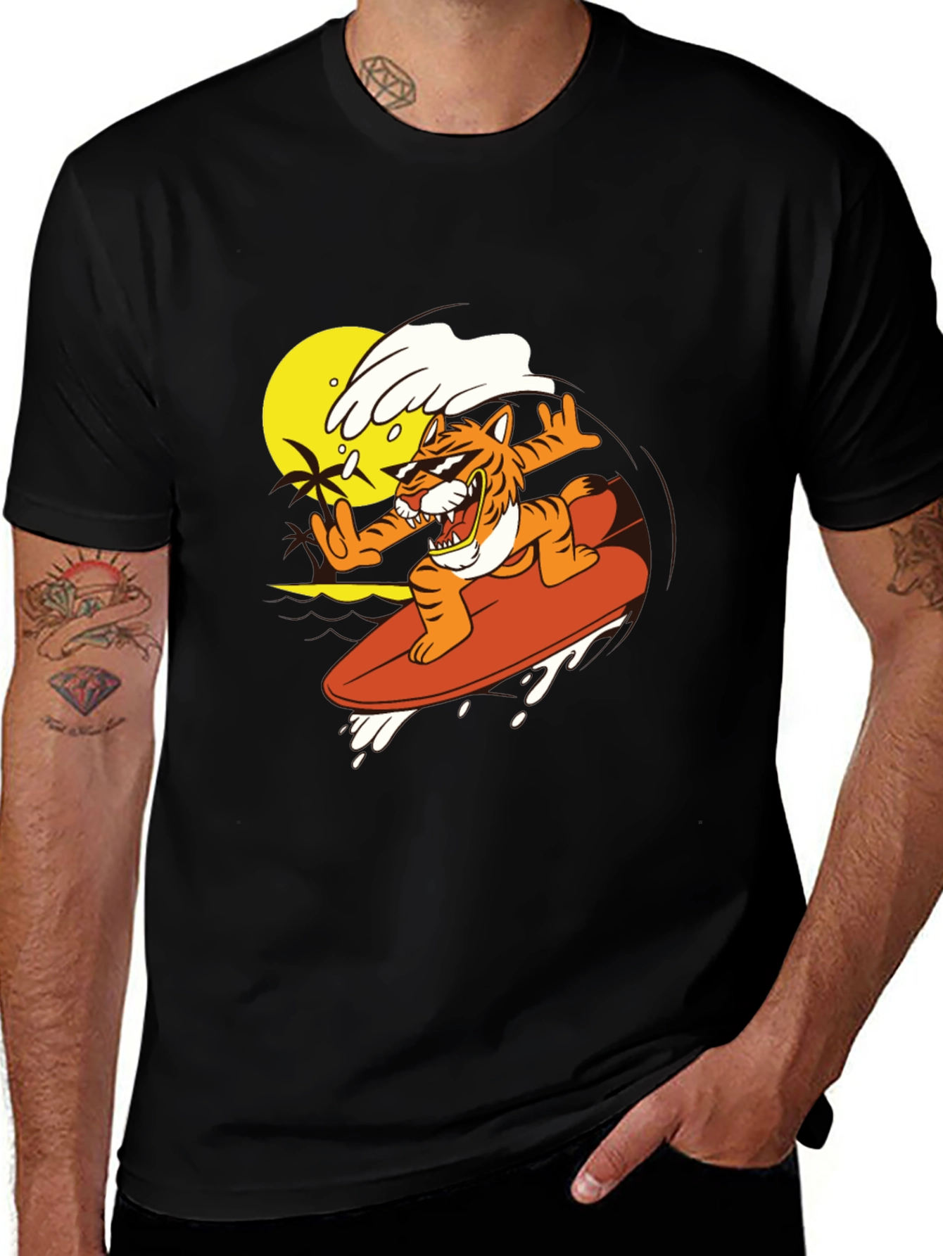 Variant 23 of Tiger Surfing Graphic Tee - Cool Black T-Shirt