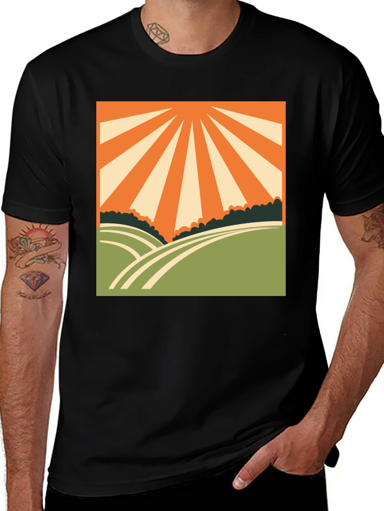Black Retro Sunrise Graphic Tee - Vintage Inspired Design main image
