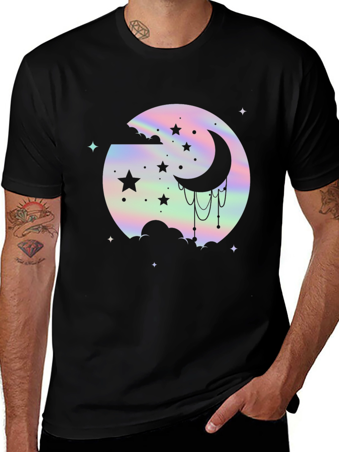 Holographic Moon & Stars Black Graphic Tee