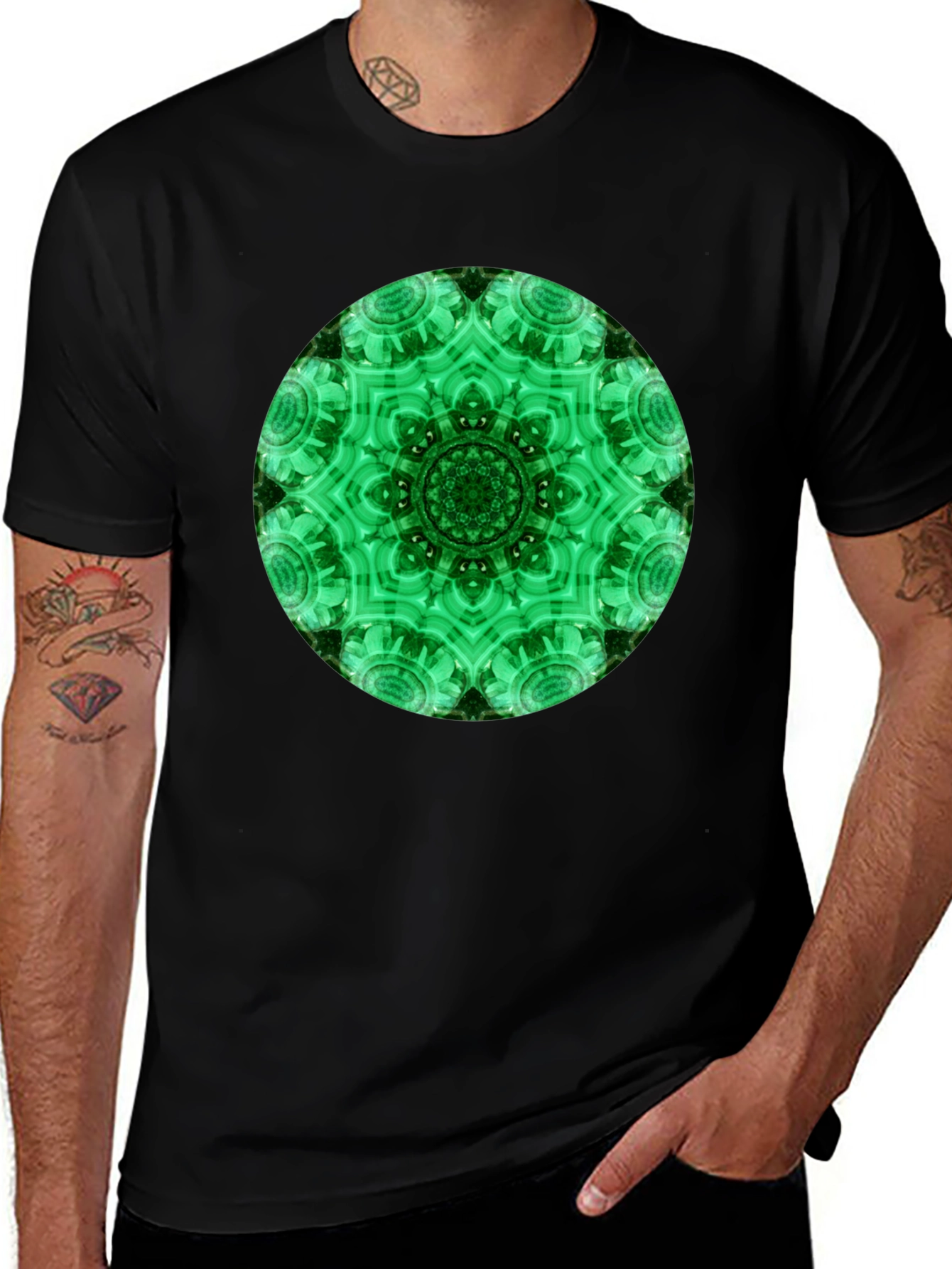 Variant 24 of Green Mandala Graphic Black T-Shirt