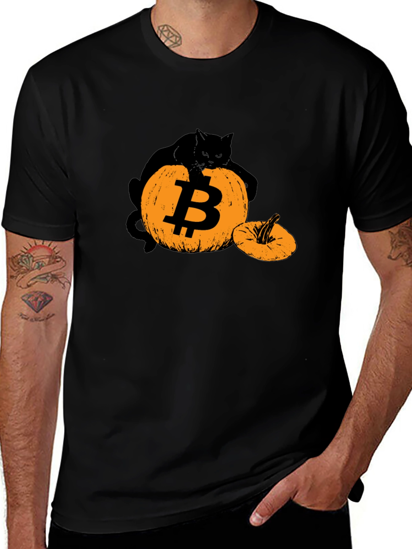 Variant 18 of Cat on Bitcoin Pumpkin T-Shirt - Halloween Crypto Tee