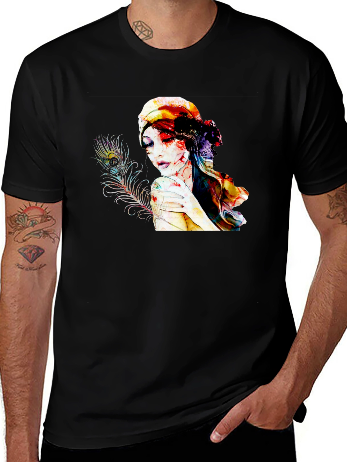 Variant 10 of Watercolor Woman Peacock Feather Graphic Tee