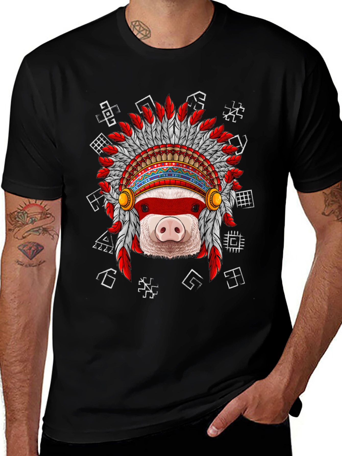 Variant 2 of Pig in Headdress Black T-Shirt