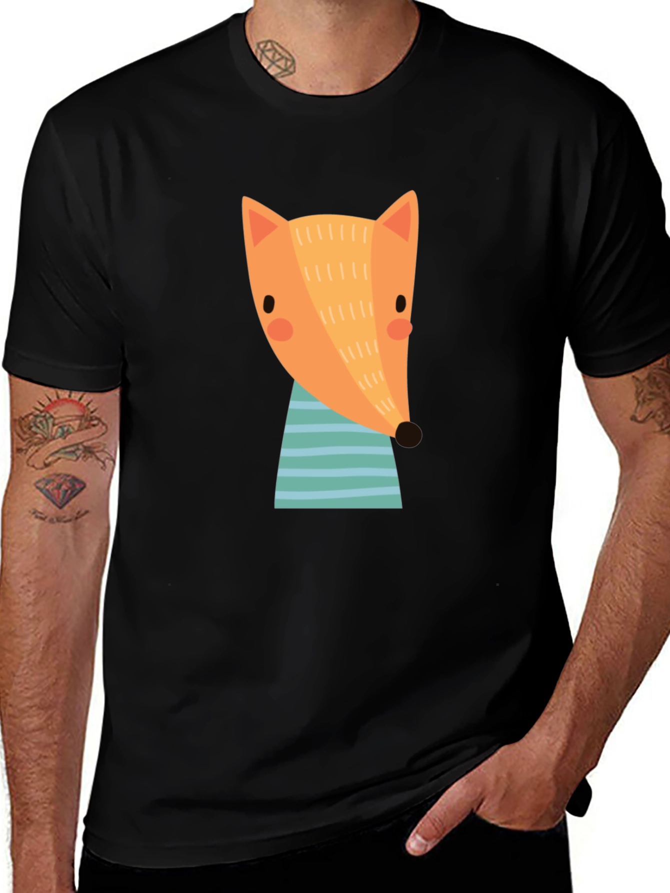 Variant 6 of Cartoon Fox Graphic T-Shirt - Black Crew Neck