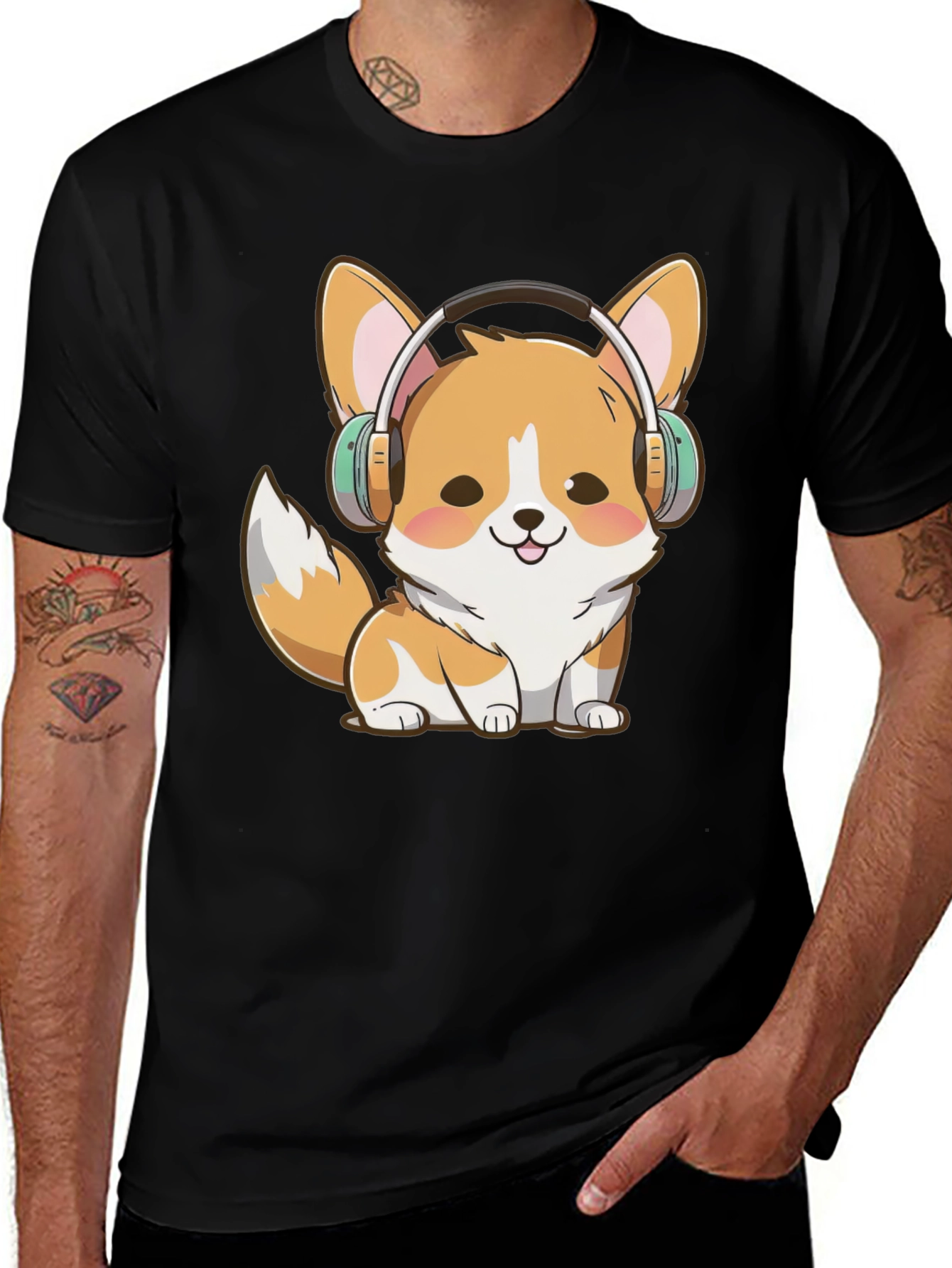 Variant 24 of Cute Corgi DJ Black T-Shirt - Cartoon Dog with Headphones